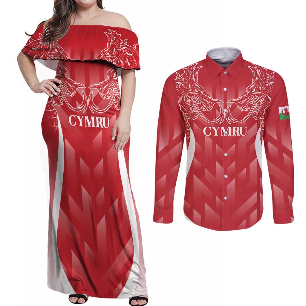 Wales Rugby Personalised Couples Matching Off Shoulder Maxi Dress and Long Sleeve Button Shirt Heraldic Dragon Basic Red