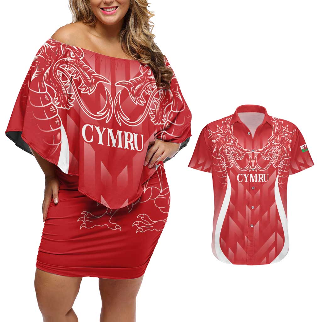 Wales Rugby Personalised Couples Matching Off Shoulder Short Dress and Hawaiian Shirt Heraldic Dragon Basic Red