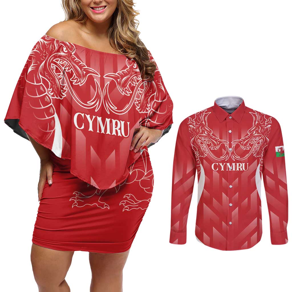 Wales Rugby Personalised Couples Matching Off Shoulder Short Dress and Long Sleeve Button Shirt Heraldic Dragon Basic Red