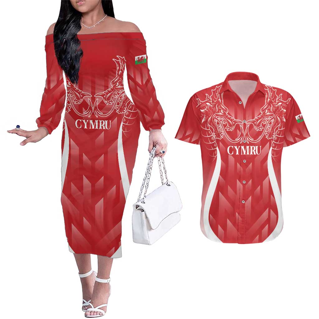 Wales Rugby Personalised Couples Matching Off The Shoulder Long Sleeve Dress and Hawaiian Shirt Heraldic Dragon Basic Red