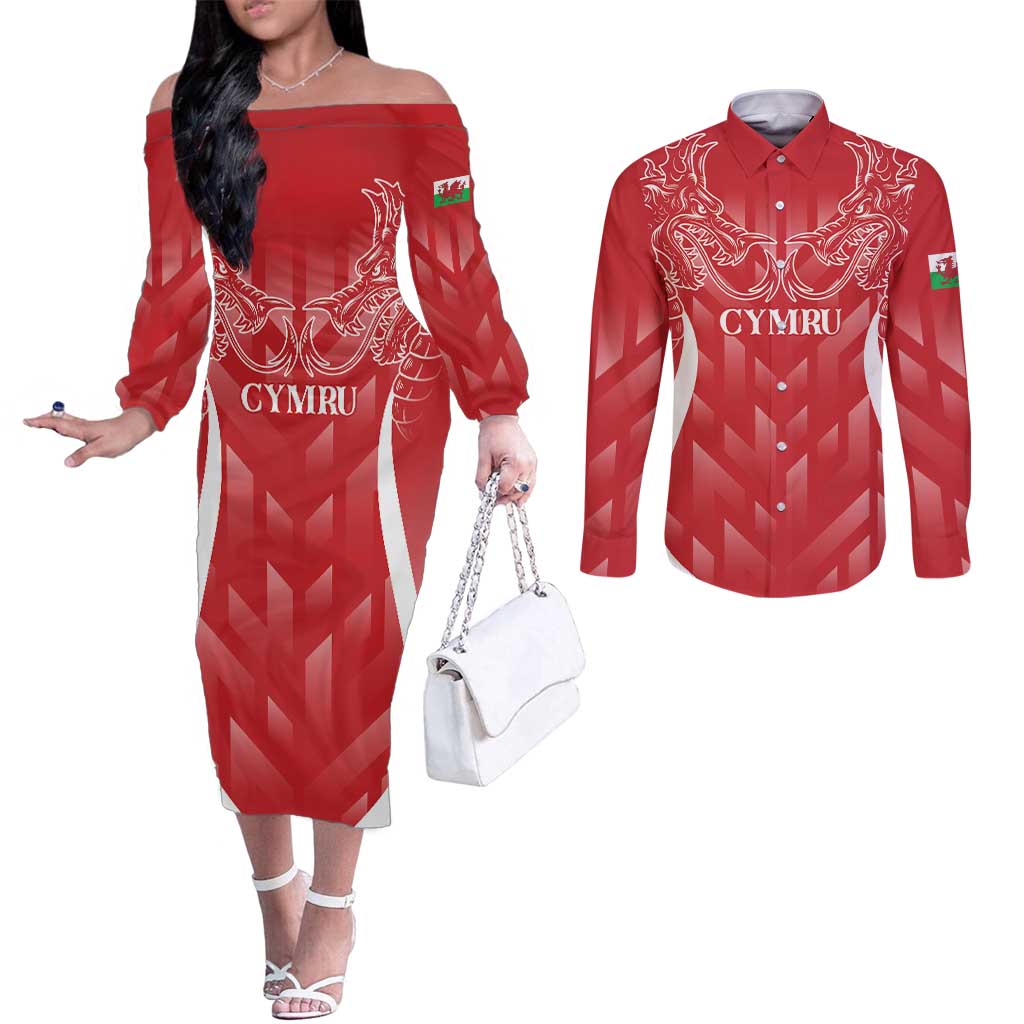 Wales Rugby Personalised Couples Matching Off The Shoulder Long Sleeve Dress and Long Sleeve Button Shirt Heraldic Dragon Basic Red