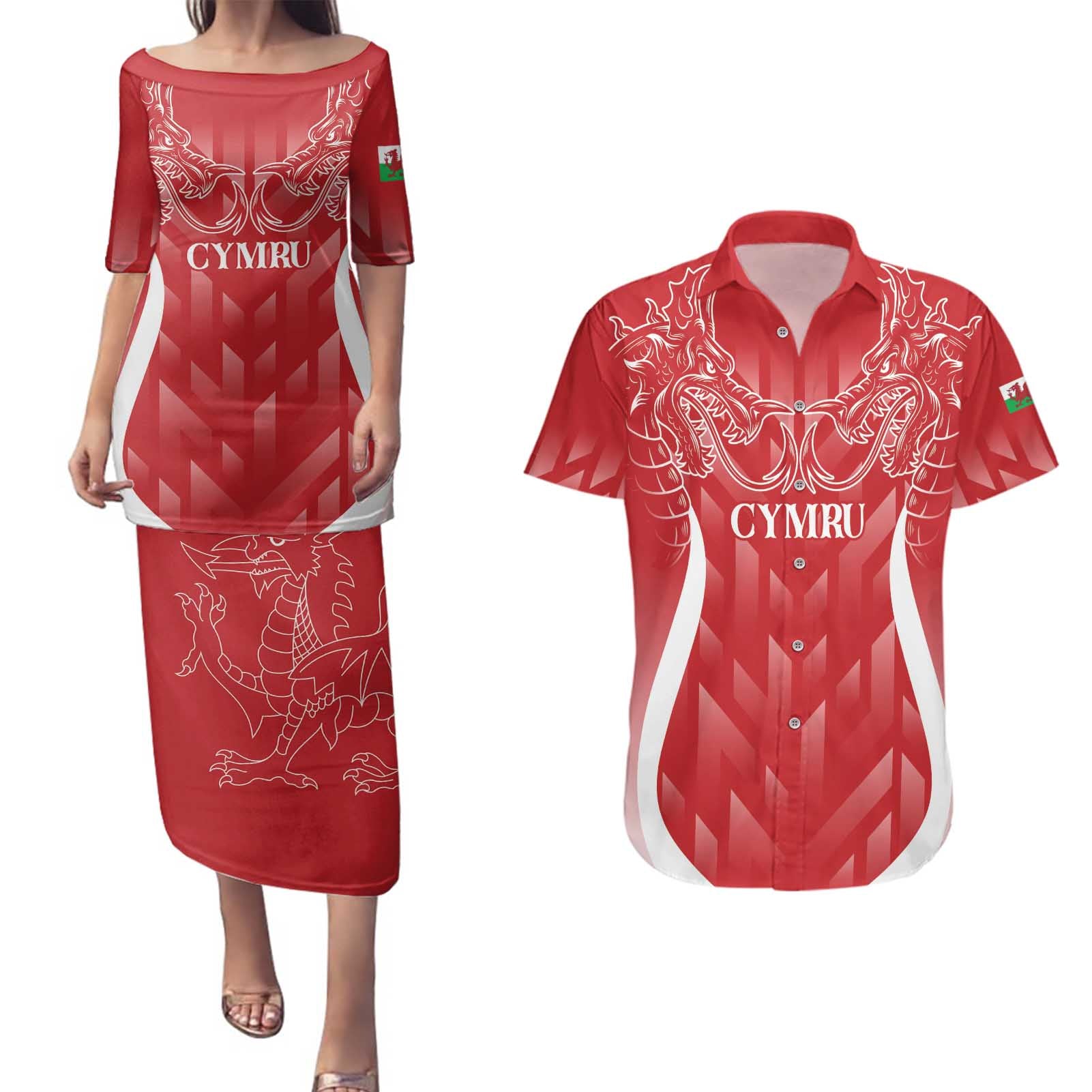 Wales Rugby Personalised Couples Matching Puletasi and Hawaiian Shirt Heraldic Dragon Basic Red