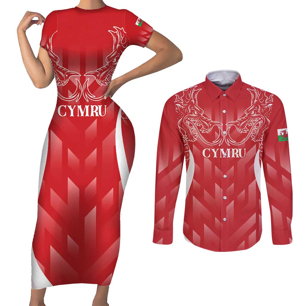 Wales Rugby Personalised Couples Matching Short Sleeve Bodycon Dress and Long Sleeve Button Shirt Heraldic Dragon Basic Red