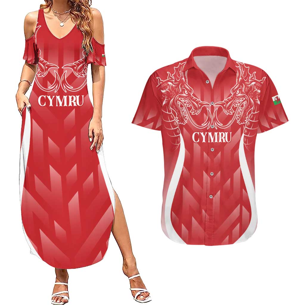 Wales Rugby Personalised Couples Matching Summer Maxi Dress and Hawaiian Shirt Heraldic Dragon Basic Red