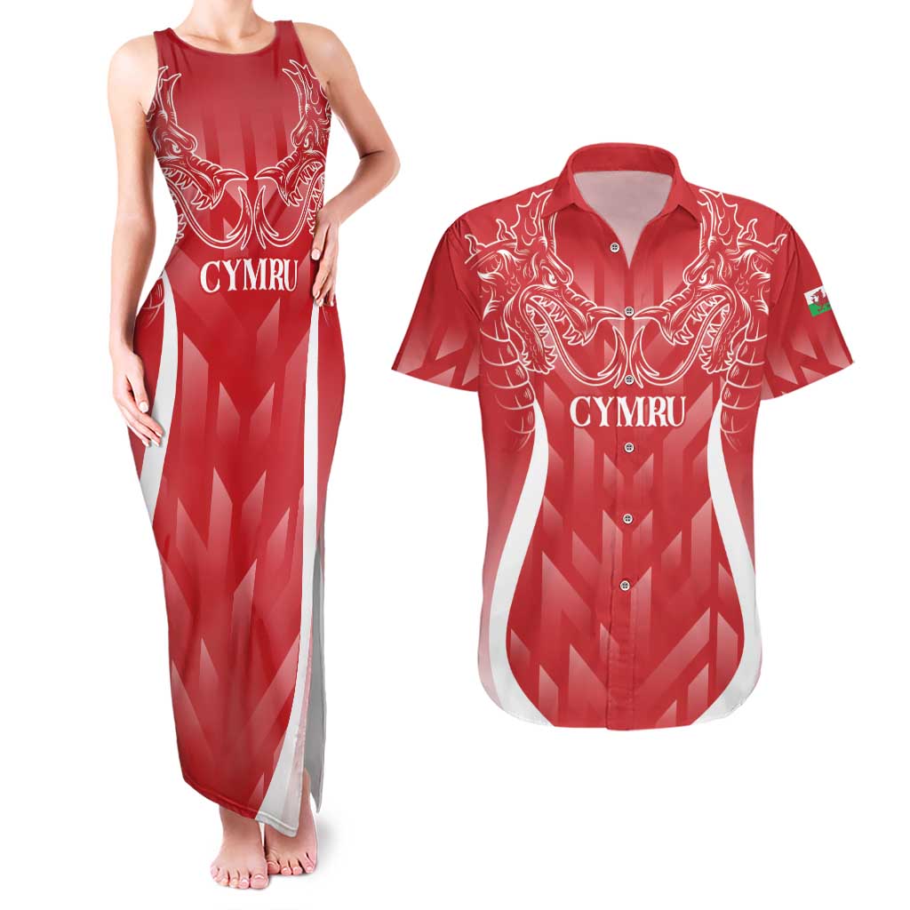 Wales Rugby Personalised Couples Matching Tank Maxi Dress and Hawaiian Shirt Heraldic Dragon Basic Red