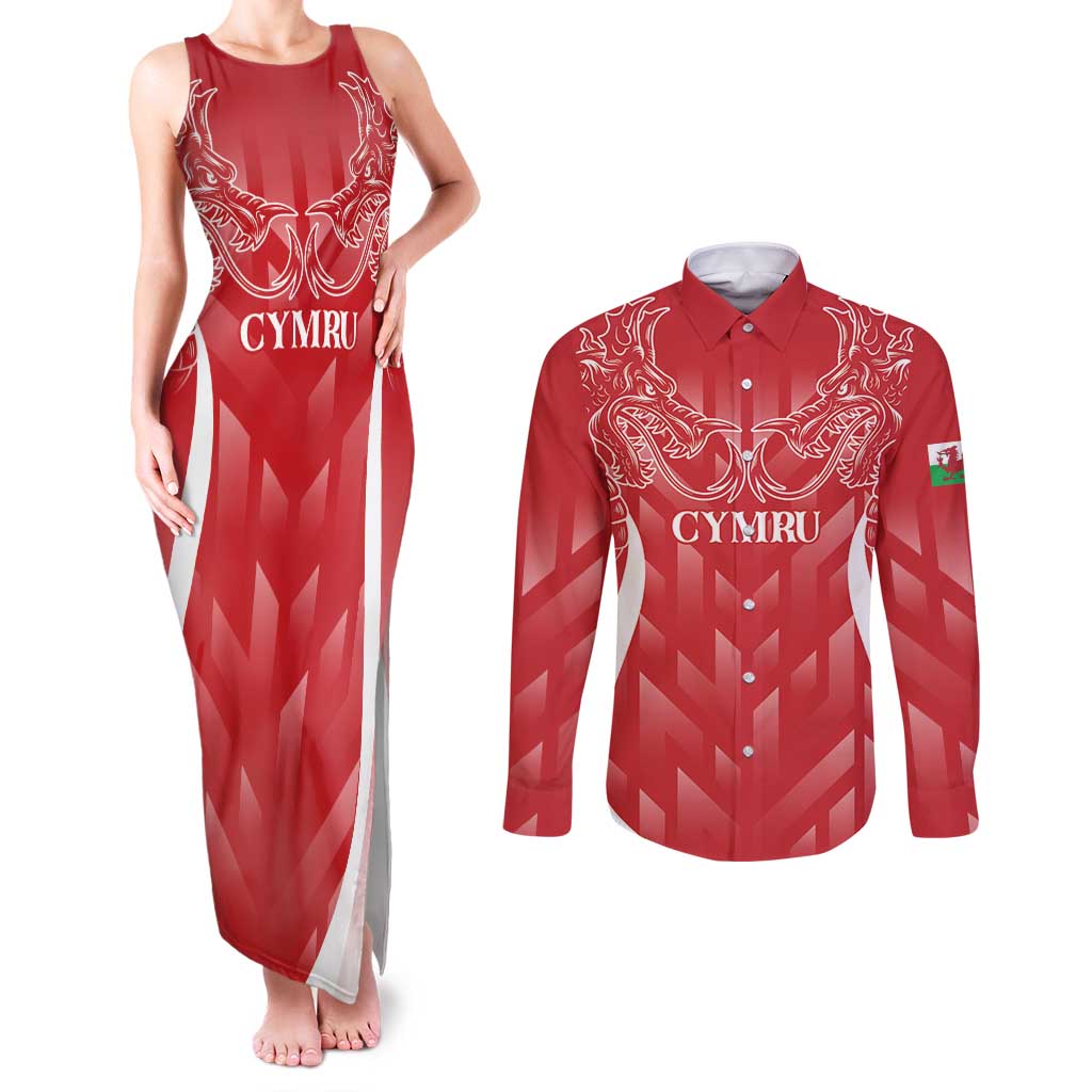 Wales Rugby Personalised Couples Matching Tank Maxi Dress and Long Sleeve Button Shirt Heraldic Dragon Basic Red