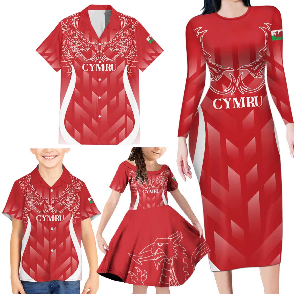 Wales Rugby Personalised Family Matching Long Sleeve Bodycon Dress and Hawaiian Shirt Heraldic Dragon Basic Red