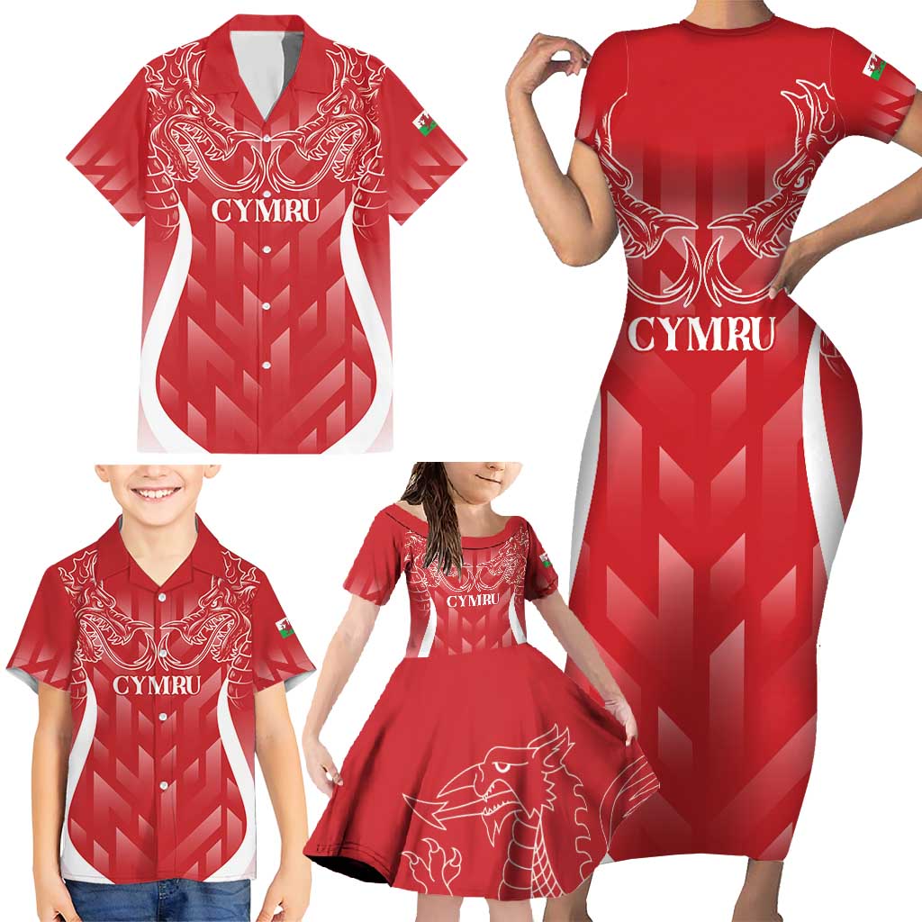 Wales Rugby Personalised Family Matching Short Sleeve Bodycon Dress and Hawaiian Shirt Heraldic Dragon Basic Red - Wonder Print Shop