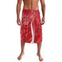 Red lavalava with white heraldic dragon print and 'YOUR TEXT 07' panel
