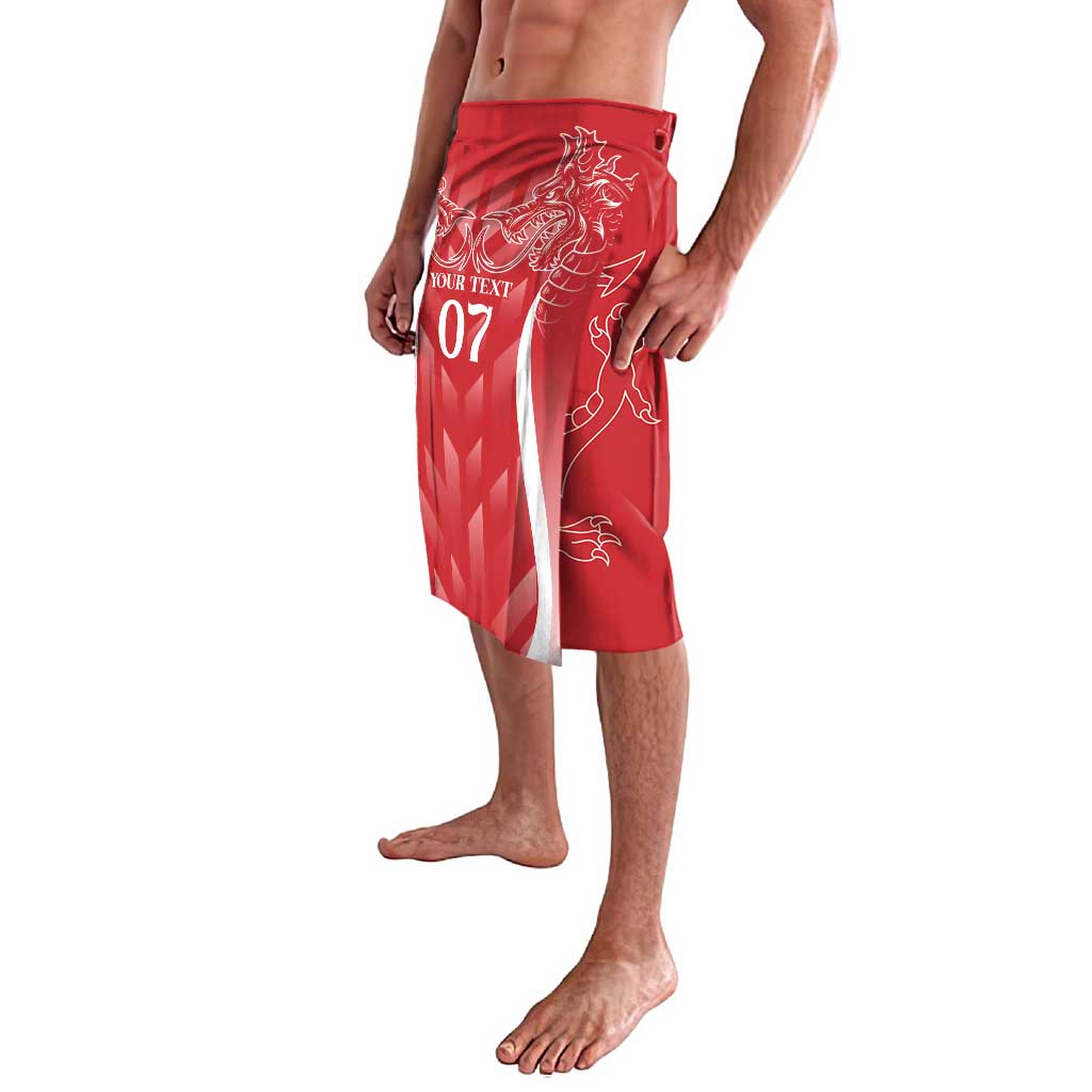 Red lavalava with white dragon graphic and 'YOUR TEXT 07' front print