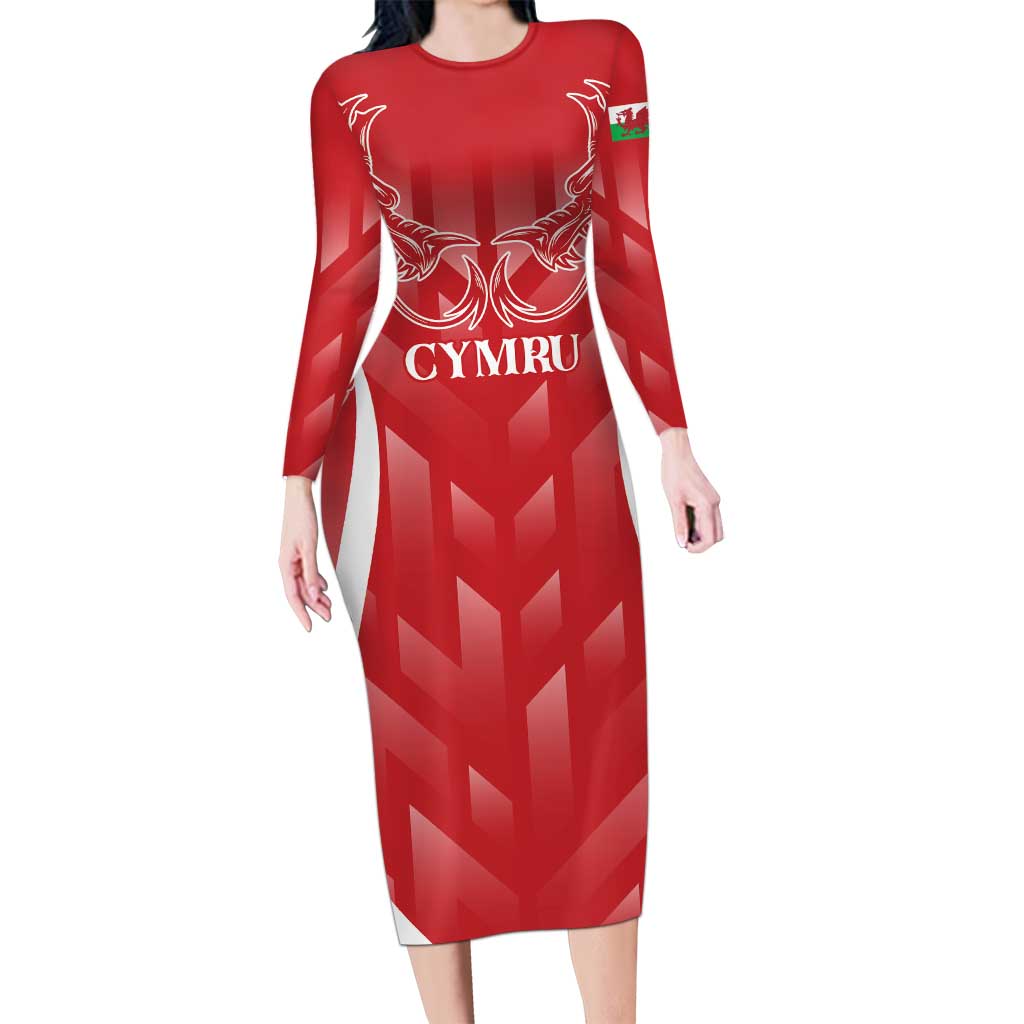 Wales Rugby Personalised Long Sleeve Bodycon Dress Heraldic Dragon Basic Red - Wonder Print Shop