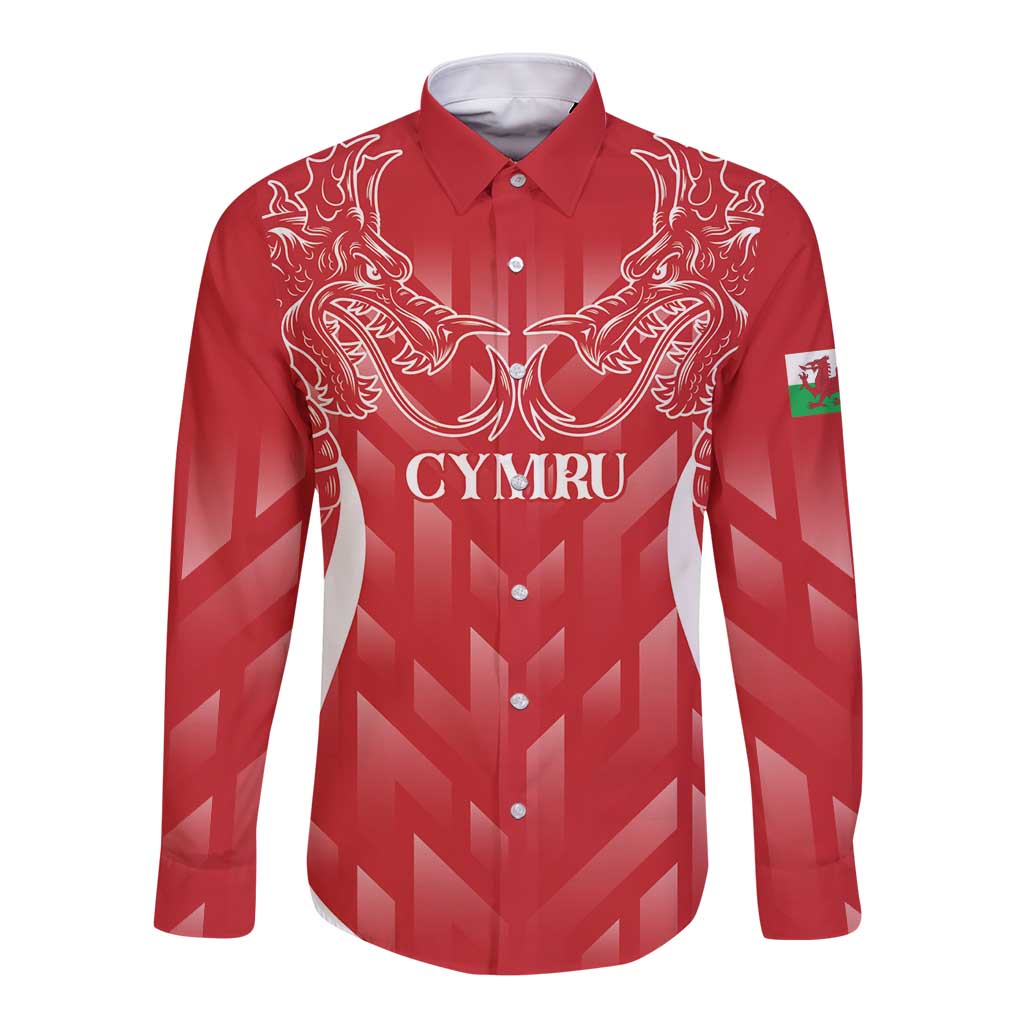 Red long sleeve rugby button shirt with heraldic dragon and 'CYMRU' front print