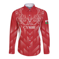 Red long sleeve rugby button shirt with heraldic dragon and 'CYMRU' front print