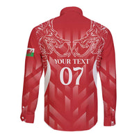 Red long sleeve rugby button shirt, back print 'YOUR TEXT 07' and dragon crest