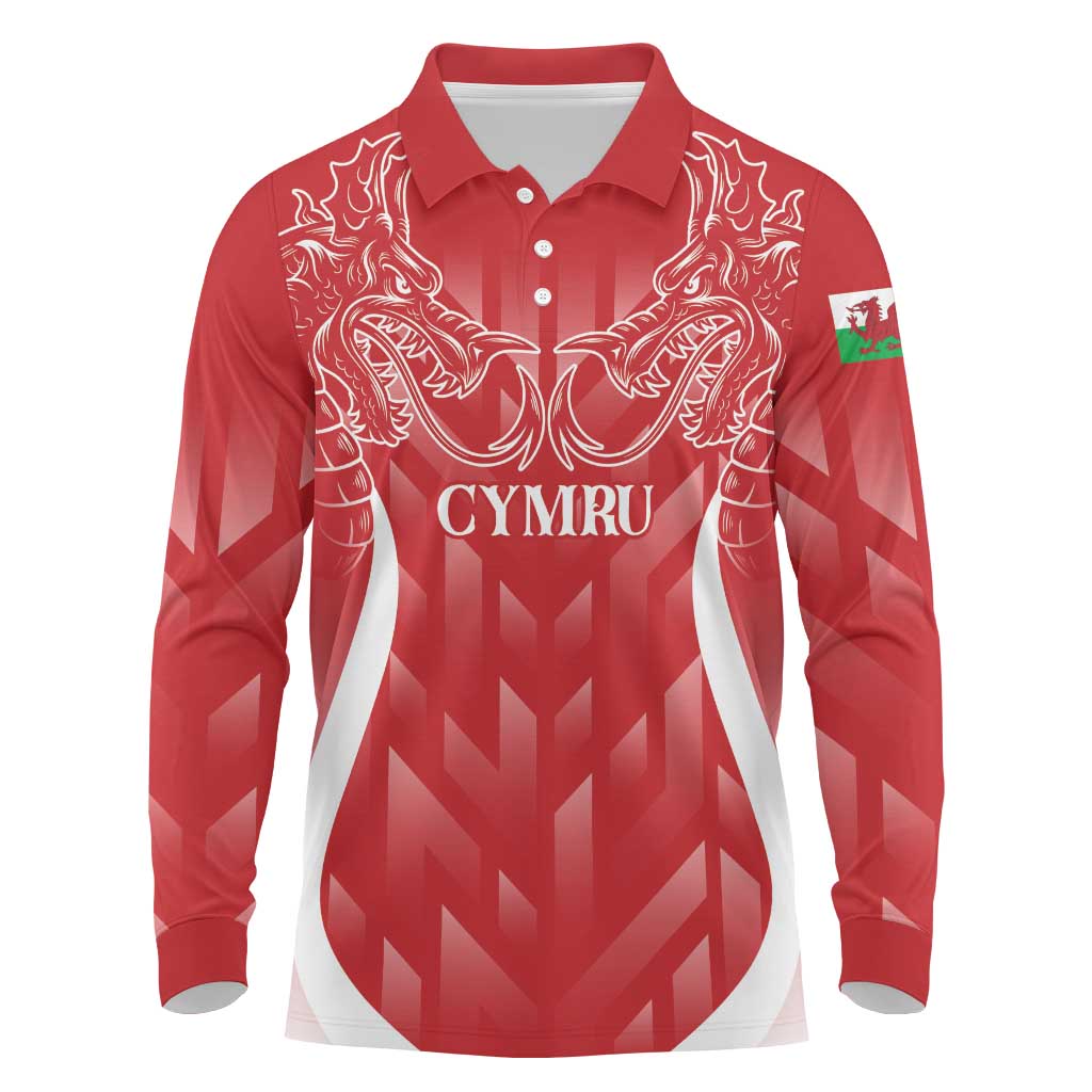 Wales Rugby Personalised Long Sleeve Polo Shirt Heraldic Dragon Basic Red - Wonder Print Shop