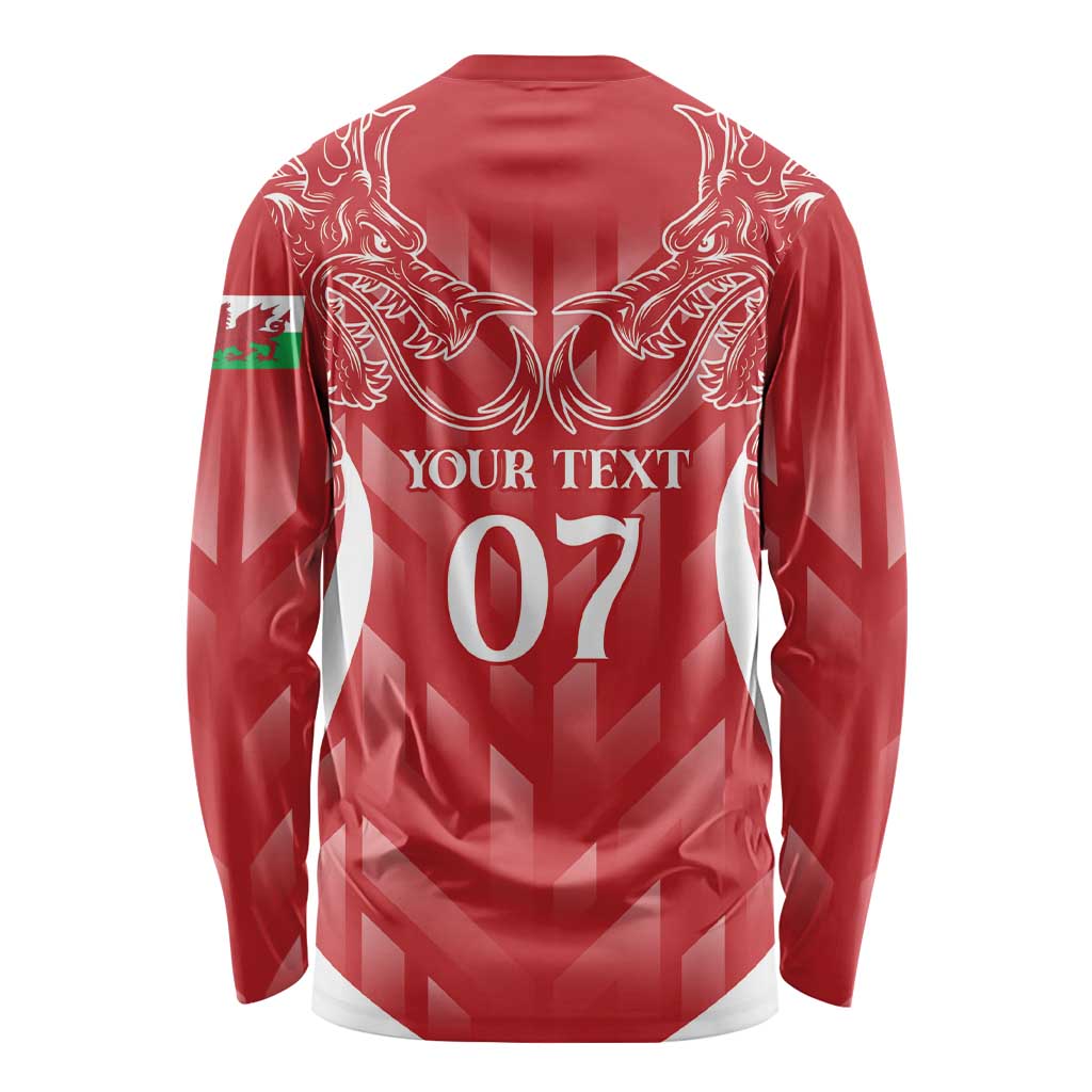Red long-sleeve rugby shirt with dragon crest, 'YOUR TEXT 07' back print