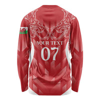 Red long-sleeve rugby shirt with dragon crest, 'YOUR TEXT 07' back print