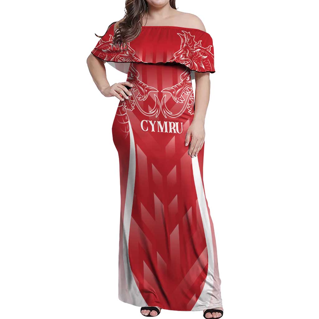 Wales Rugby Personalised Off Shoulder Maxi Dress Heraldic Dragon Basic Red - Wonder Print Shop