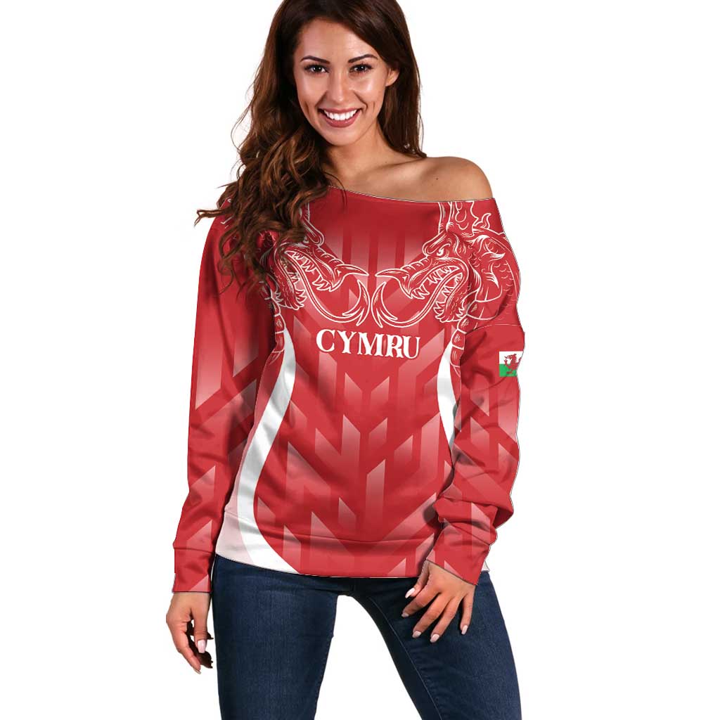 Wales Rugby Personalised Off Shoulder Sweater Heraldic Dragon Basic Red