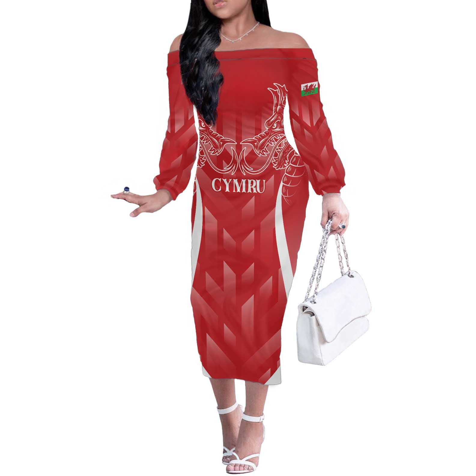 Wales Rugby Personalised Off The Shoulder Long Sleeve Dress Heraldic Dragon Basic Red - Wonder Print Shop