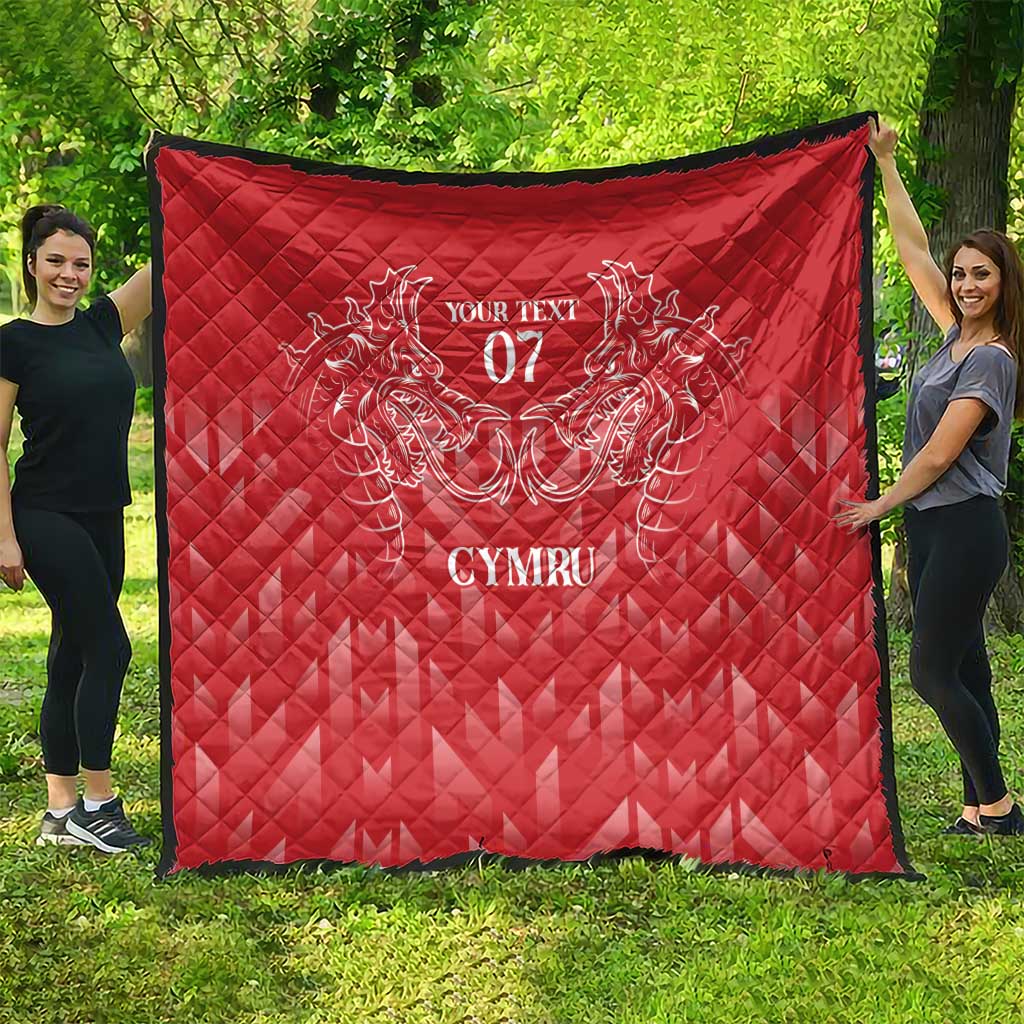 Red outdoor quilt with diamond pattern and white dragon emblem, 'Your Text 07' CYMRU