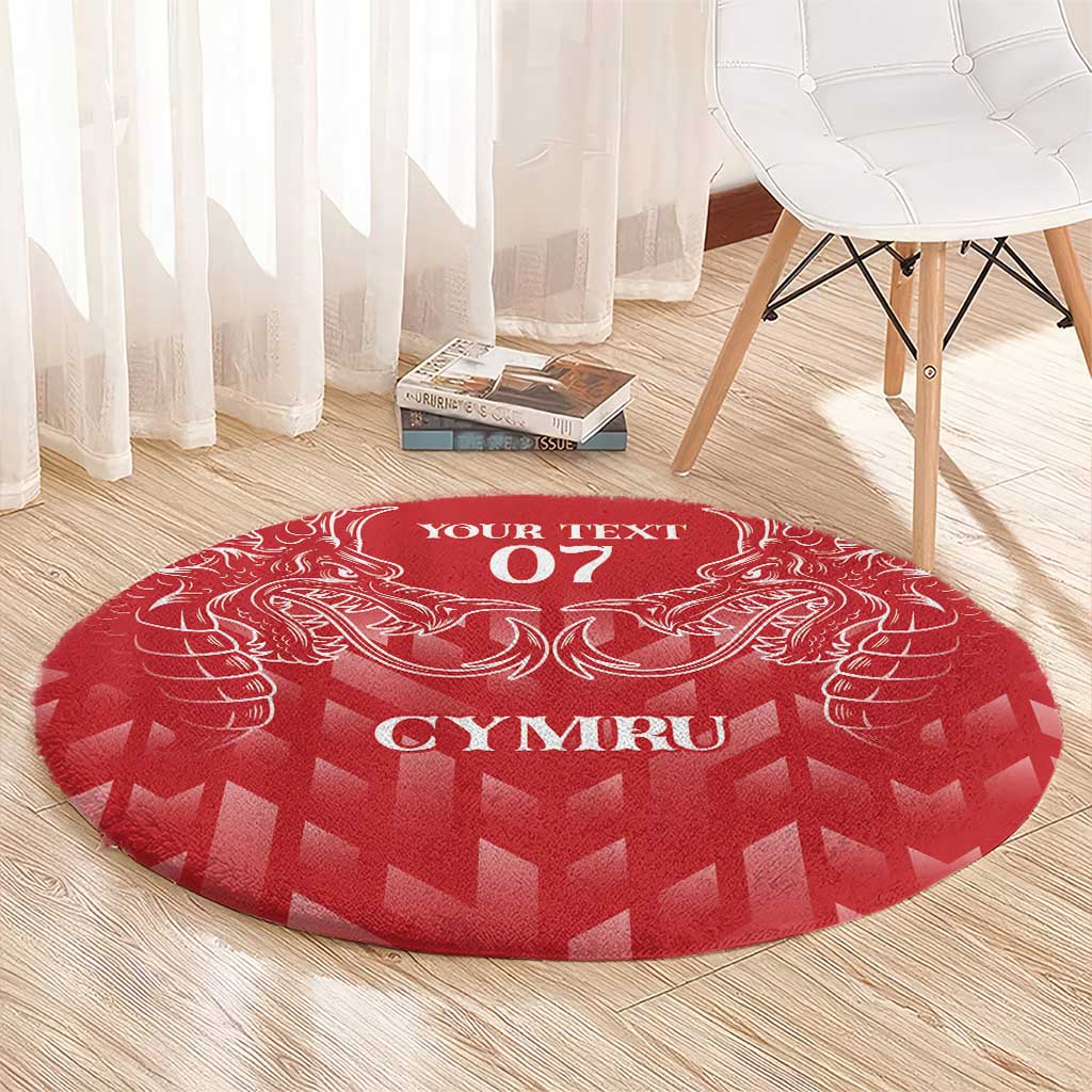 Red round rug with white heraldic dragon design and 'YOUR TEXT 07' and 'CYMRU' print