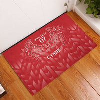 Red rubber entrance doormat with white dragon crest and custom text