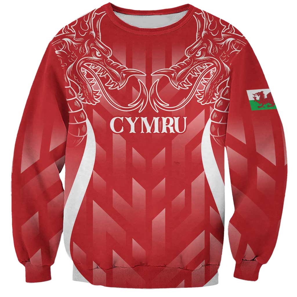 Red unisex Wales rugby sweatshirt with white heraldic dragon and CYMRU chest print