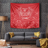 Red heraldic dragon tapestry with “YOUR TEXT”, 07, and CYMRU crest in white.