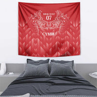 Red wall-hanging tapestry with twin dragon emblem, “YOUR TEXT” 07, and CYMRU.