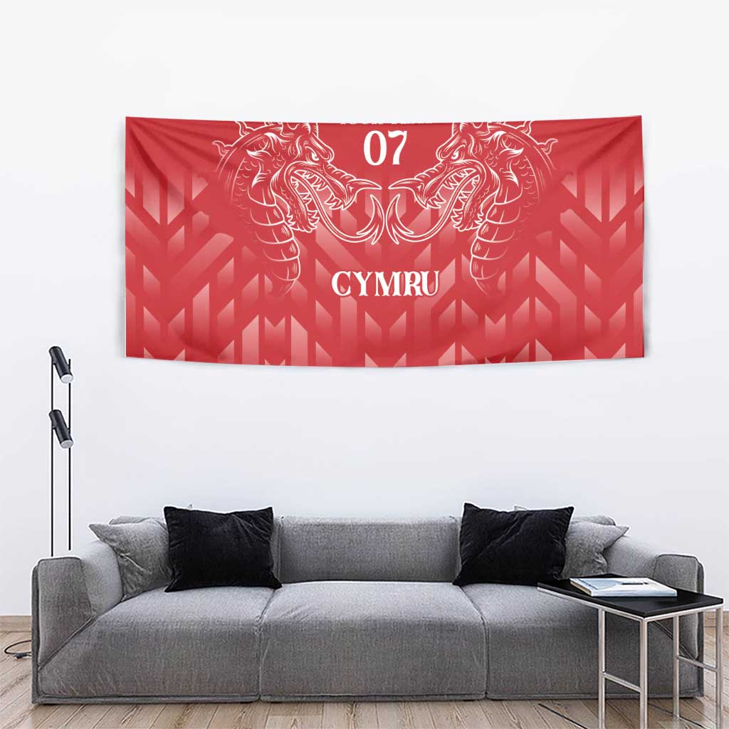Red heraldic dragon tapestry with “YOUR TEXT” 07 and CYMRU in white design.