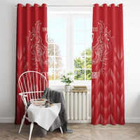 Red curtain panels with white heraldic dragon and personalized text, mounted above a window.