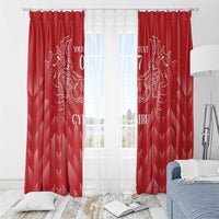 Red window curtain set with white dragon artwork and custom text, hung on a rod with rings.