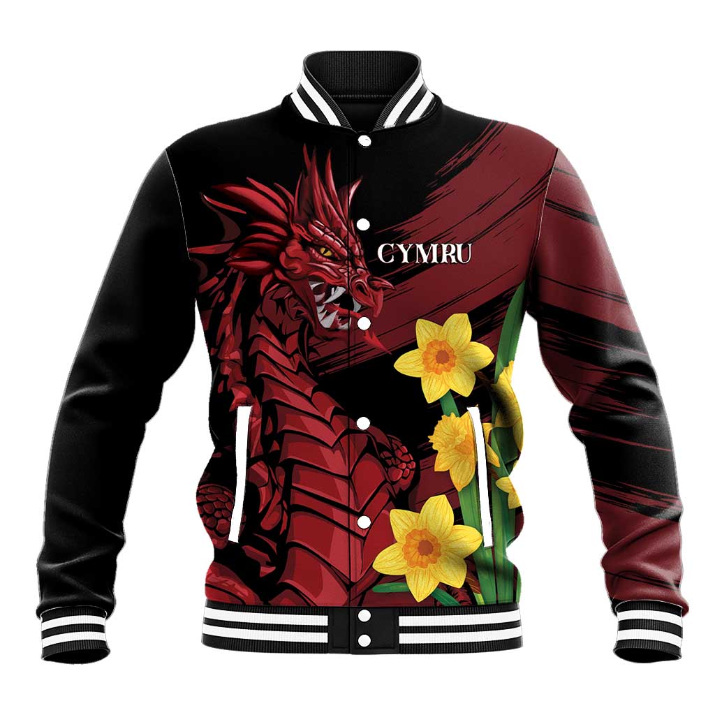 Black baseball jacket with ribbed striped collar, snap button front, dragon and daffodil print