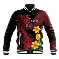 Black baseball jacket with ribbed striped collar, snap button front, dragon and daffodil print