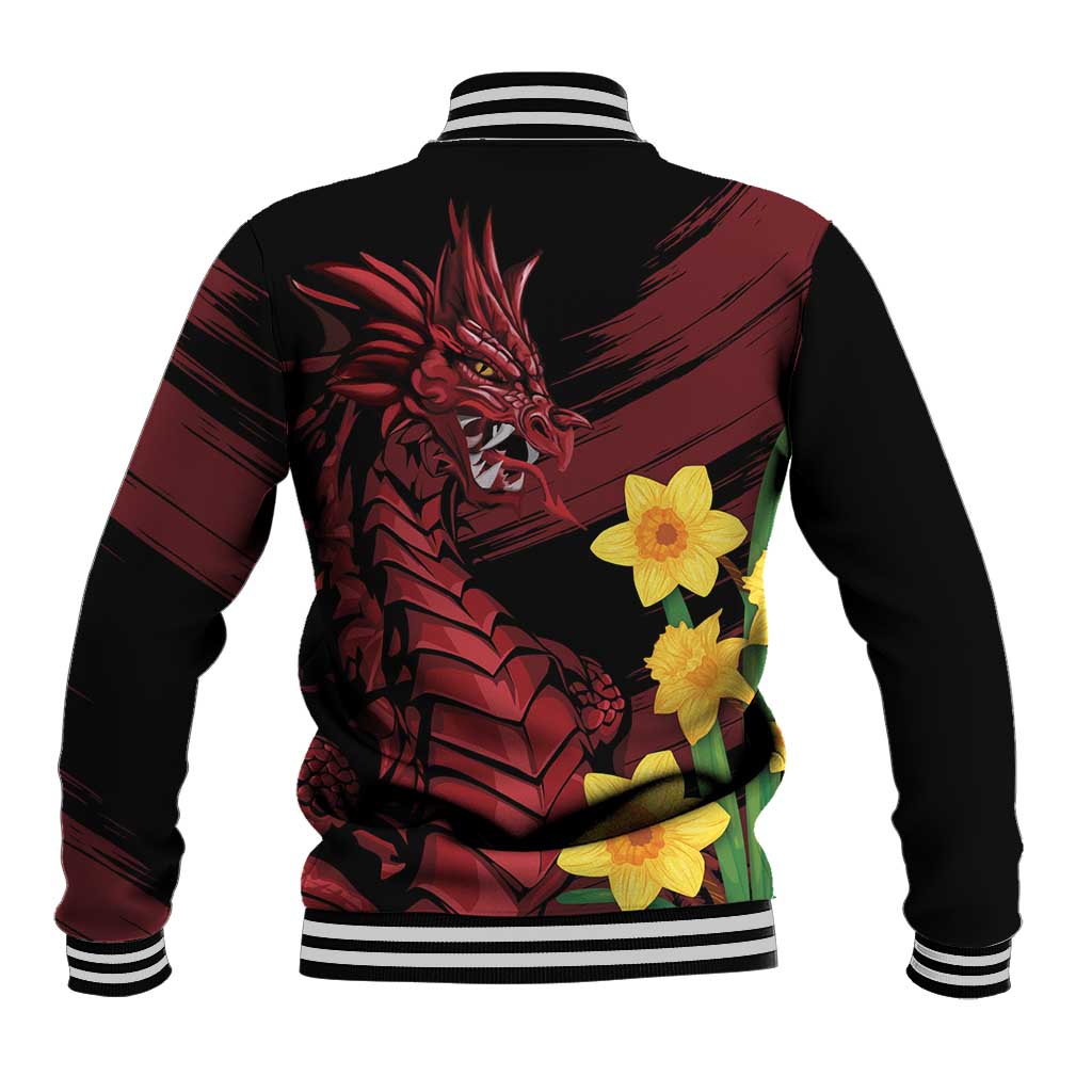 Black baseball jacket with ribbed striped hem, back dragon graphic and yellow daffodil print