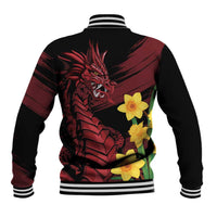 Black baseball jacket with ribbed striped hem, back dragon graphic and yellow daffodil print