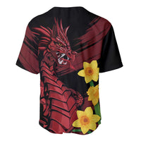 Black baseball jersey back with red dragon print and yellow daffodils