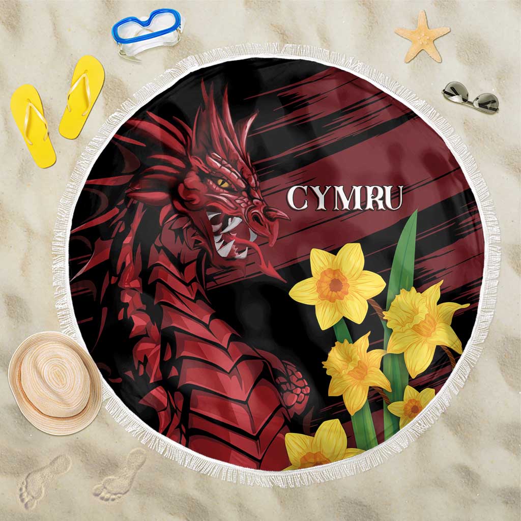 Round beach blanket with red dragon and yellow daffodils, white fringe edge