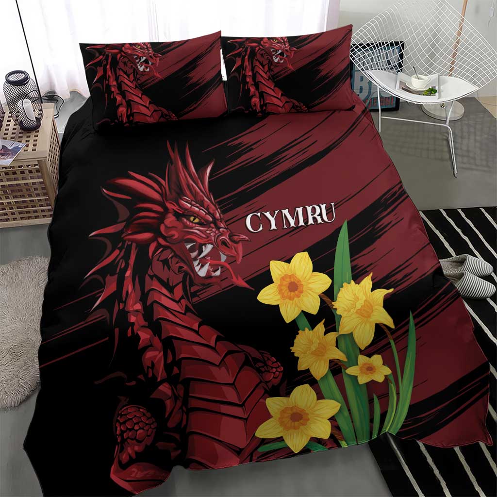 Black duvet set featuring a red dragon, yellow daffodils, and 'CYMRU' lettering.