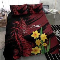 Black duvet set featuring a red dragon, yellow daffodils, and 'CYMRU' lettering.