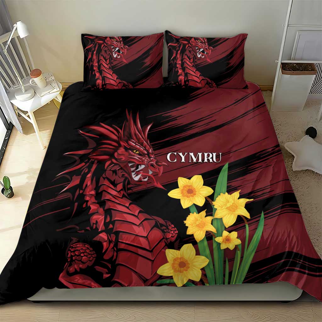 Black bedding set with red dragon design, yellow daffodil flowers, and 'CYMRU' text.