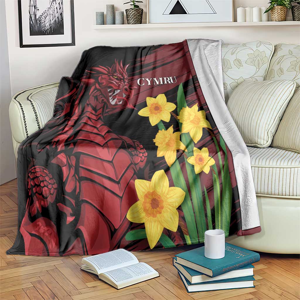 Dragon and daffodil blanket, dark black with red Welsh dragon and yellow flowers, Cymru text
