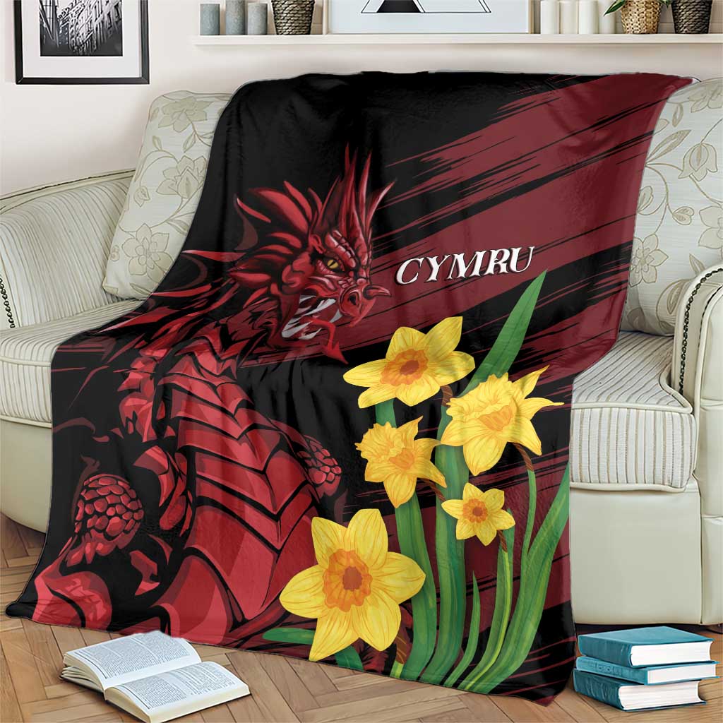 Dragon and daffodil blanket on armchair, black with red dragon and yellow daffodils, Cymru