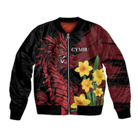 Black bomber jacket with front zipper; dragon graphic and yellow daffodils, CYMRU
