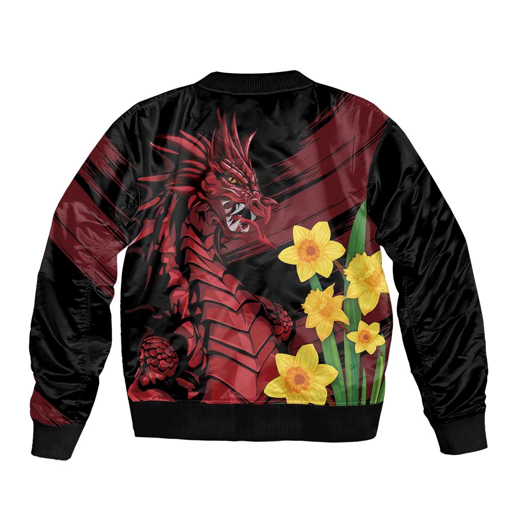 Black bomber jacket with ribbed collar; dragon graphic and yellow daffodils on back