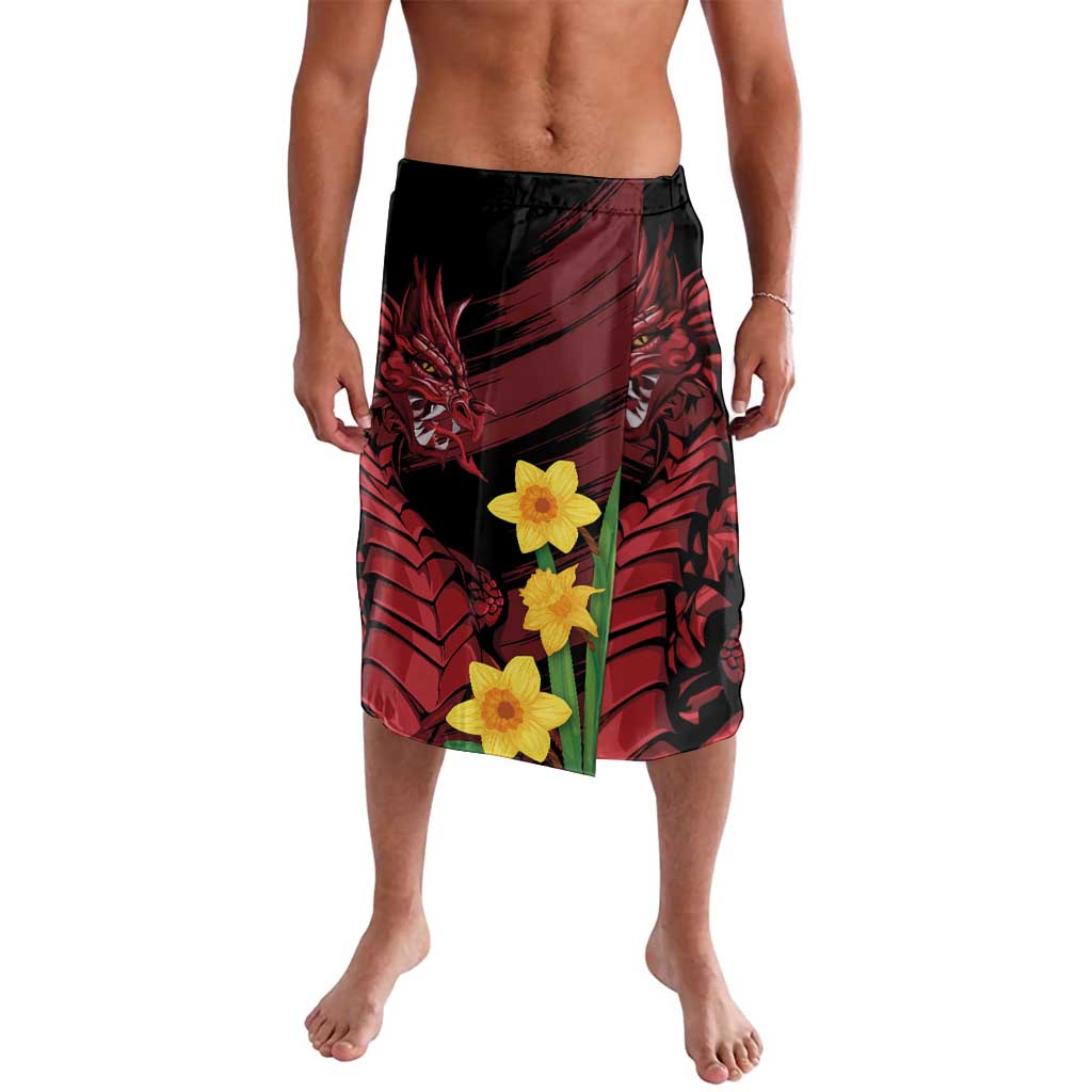 Men's lavalava skirt with elastic waistband, red dragon print and yellow daffodils