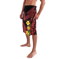 Men's lavalava with elastic waistband, red dragon art and yellow daffodils, side view