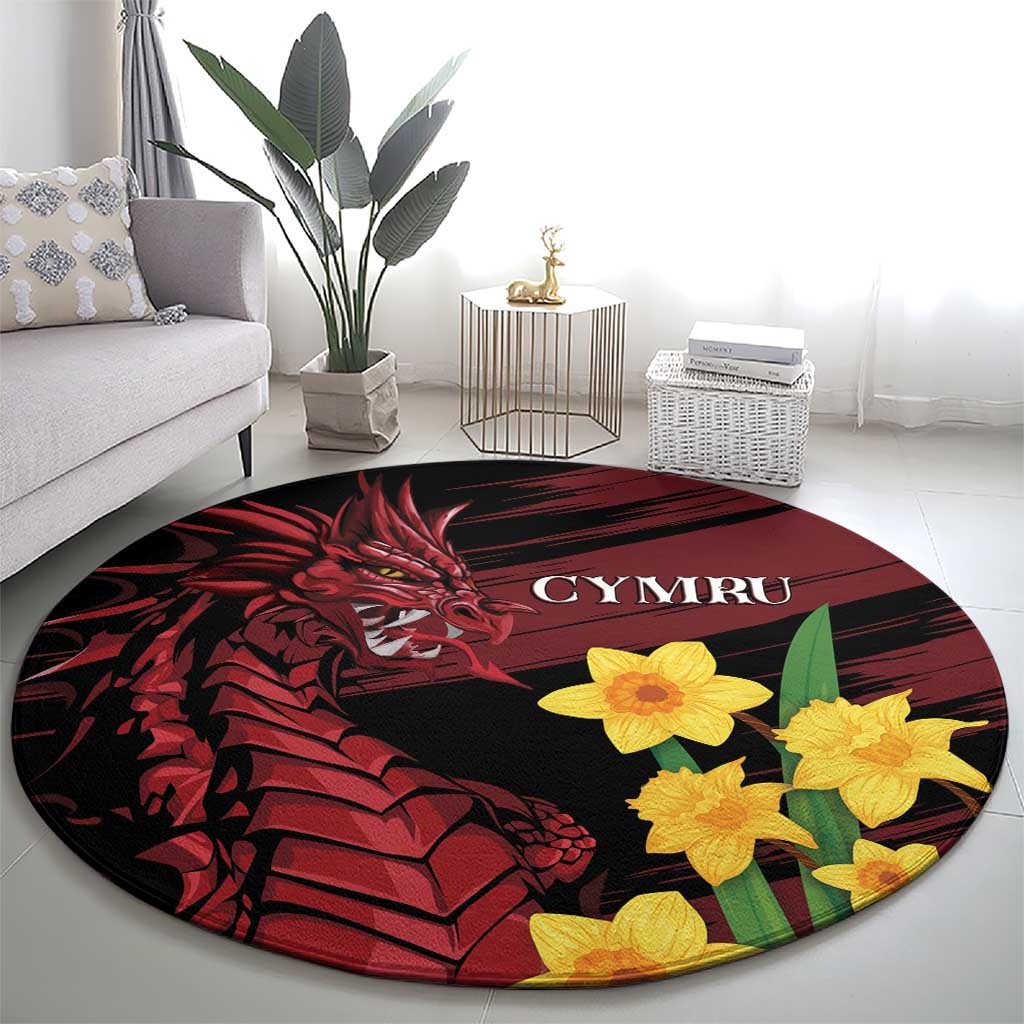Round black rug with red dragon illustration and yellow daffodils, “CYMRU” text