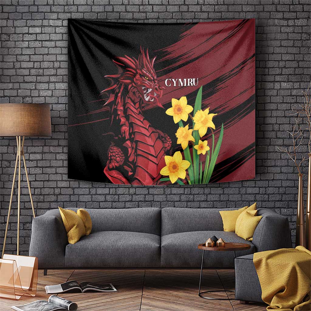 Black wall tapestry with red dragon, yellow daffodils, and CYMRU lettering
